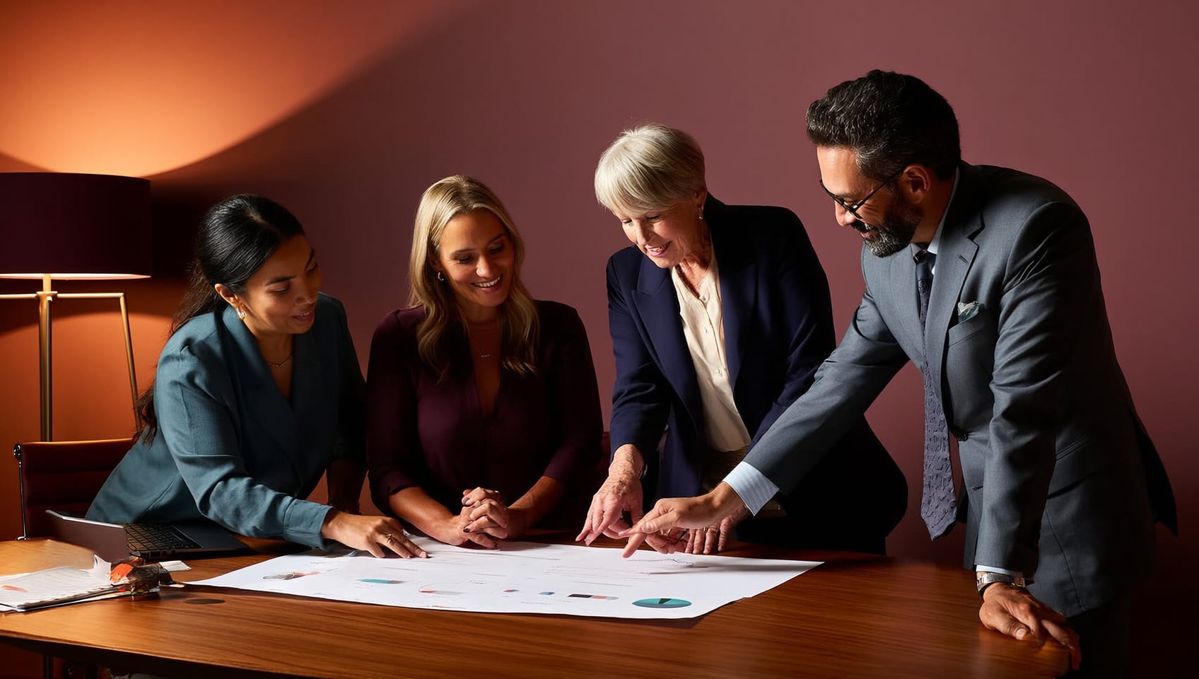 Advisors and clients reviewing a portfolio plan together at a boardroom table
