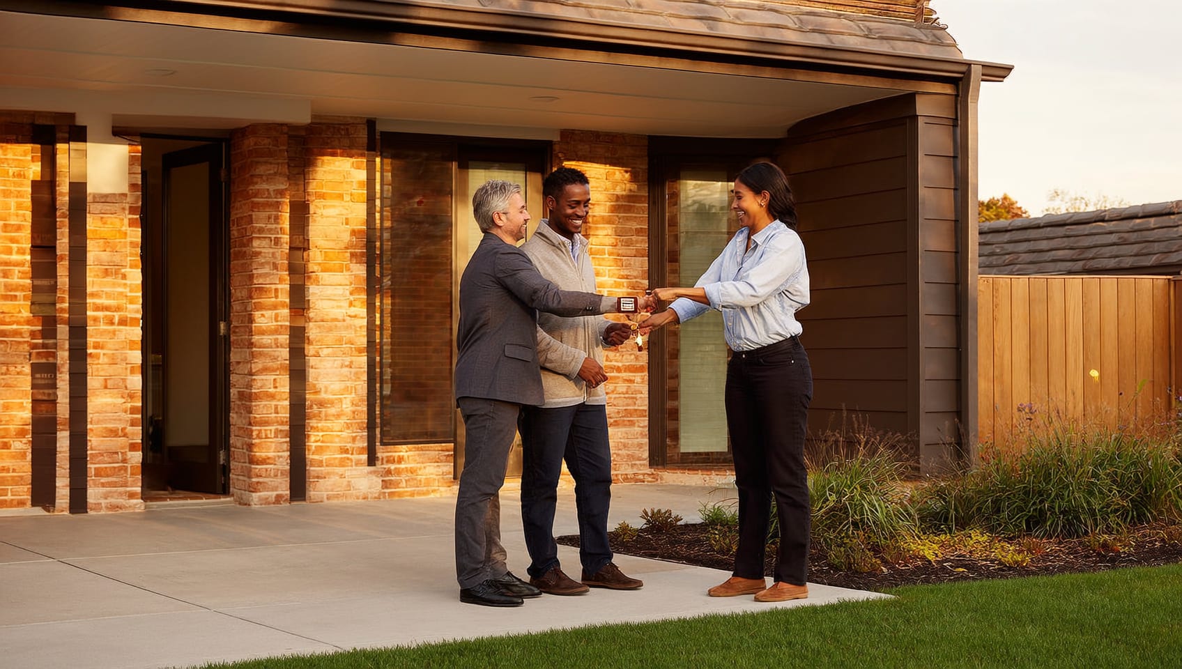 An advisor handing keys to a smiling young couple in front of a newly completed multiplex