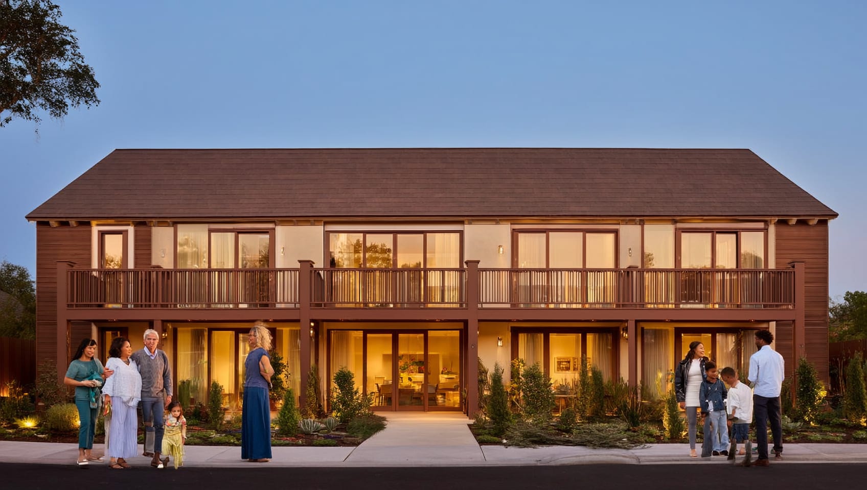 Neighbours and families gathered outside a new rental community at dusk