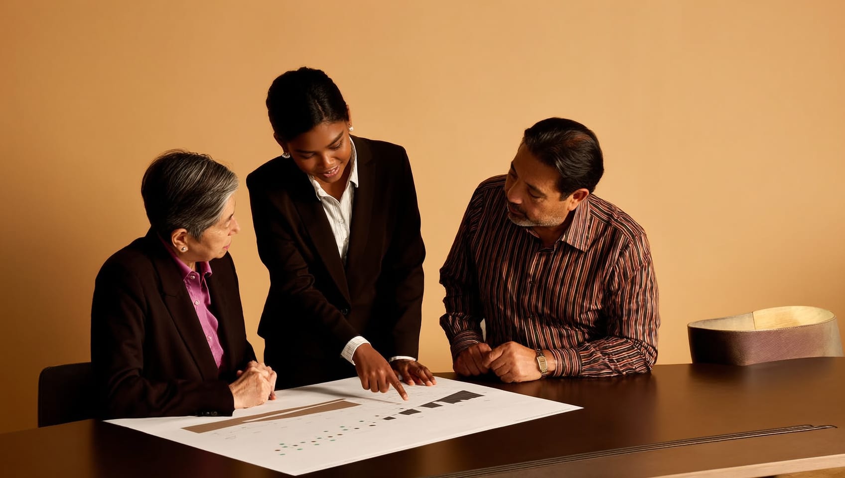 An advisor walking two investors through a side-by-side BC versus Alberta return comparison on a printed chart
