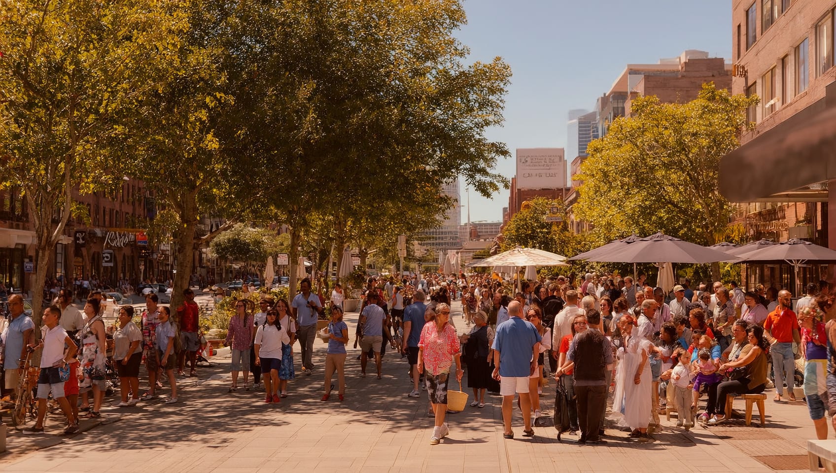 Busy pedestrian street in downtown Calgary on a summer day