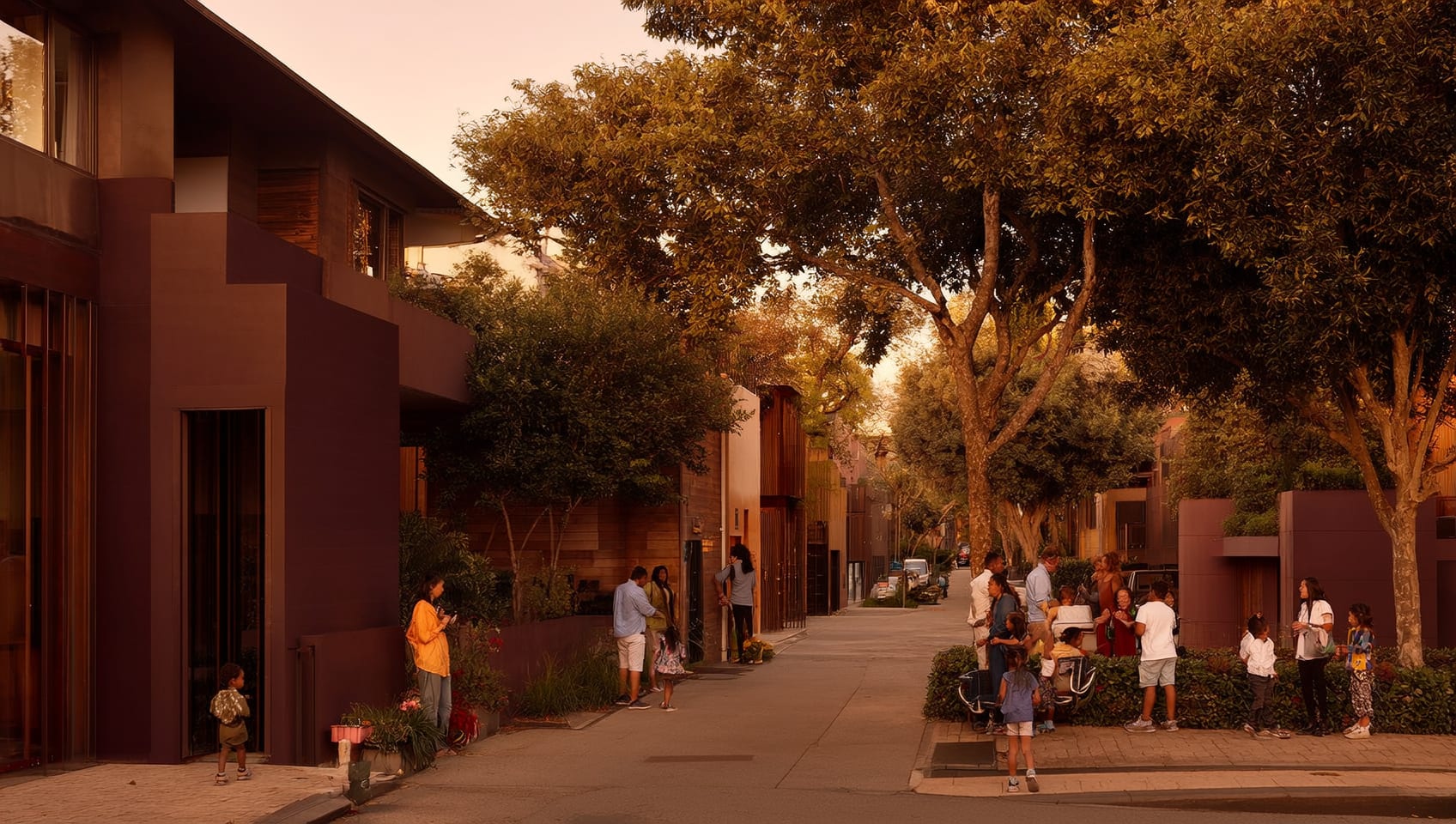 Modern residential neighbourhood street with white homes and mature trees