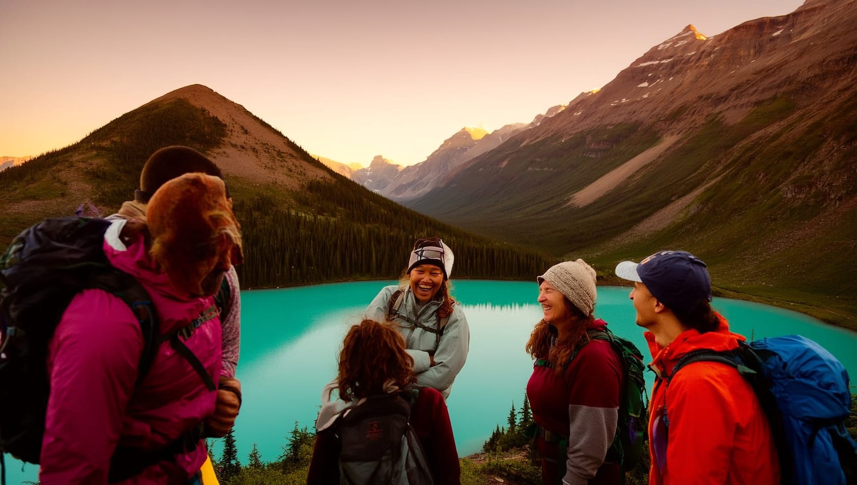 Hikers overlooking a turquoise lake in the Rocky Mountains near Calgary