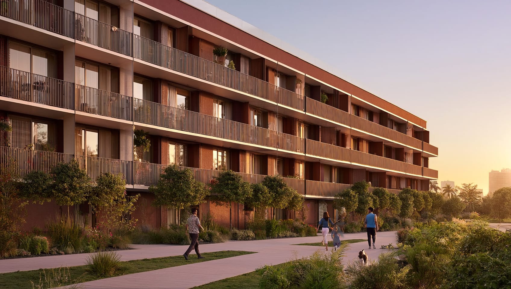 Contemporary apartment buildings along a landscaped pedestrian walkway at sunrise