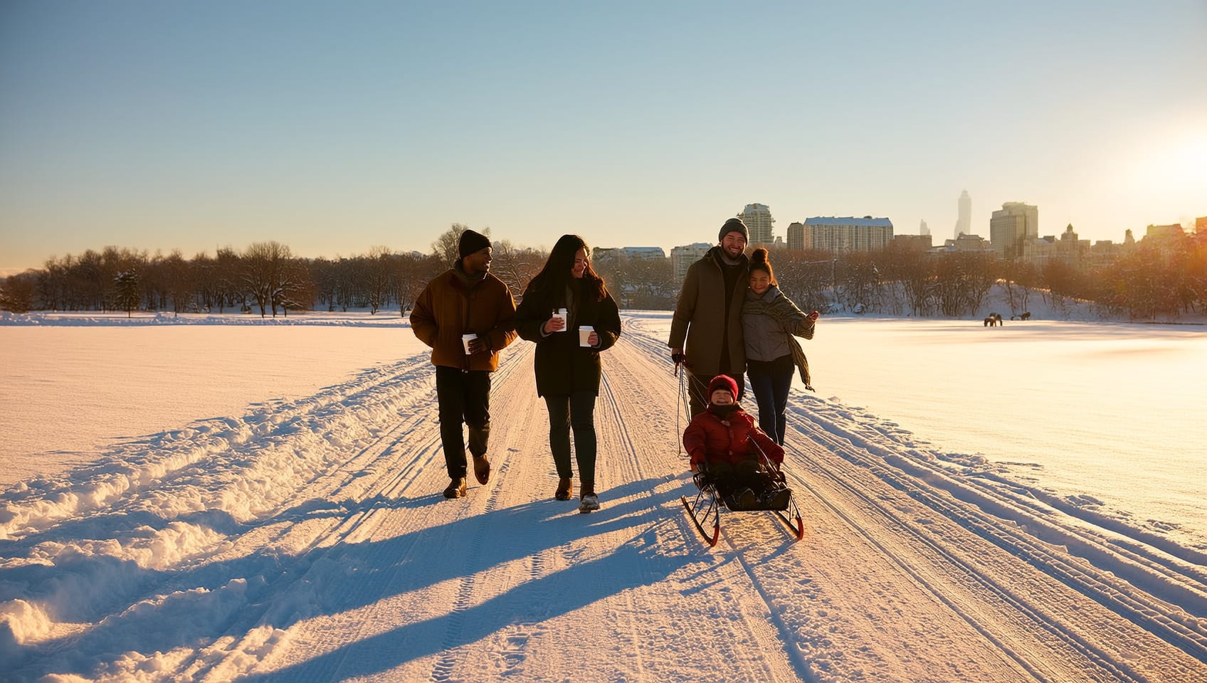 Sunlit snowy park pathway in Calgary on a clear winter day