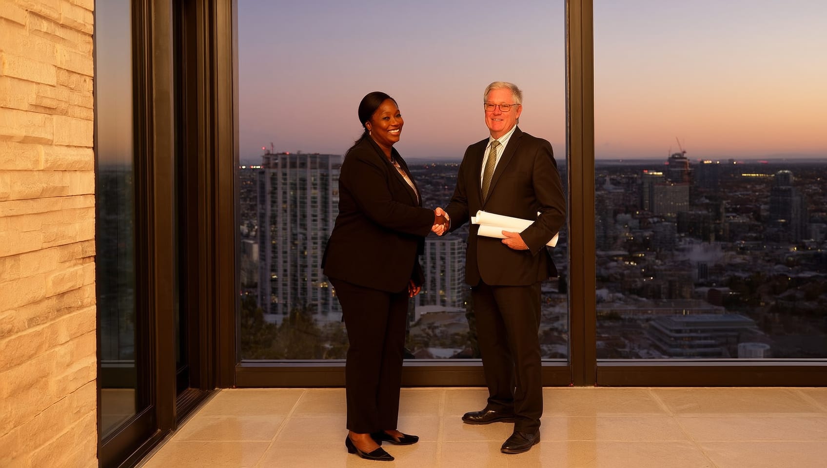Business partners in discussion in the lobby of a commercial tower at dusk