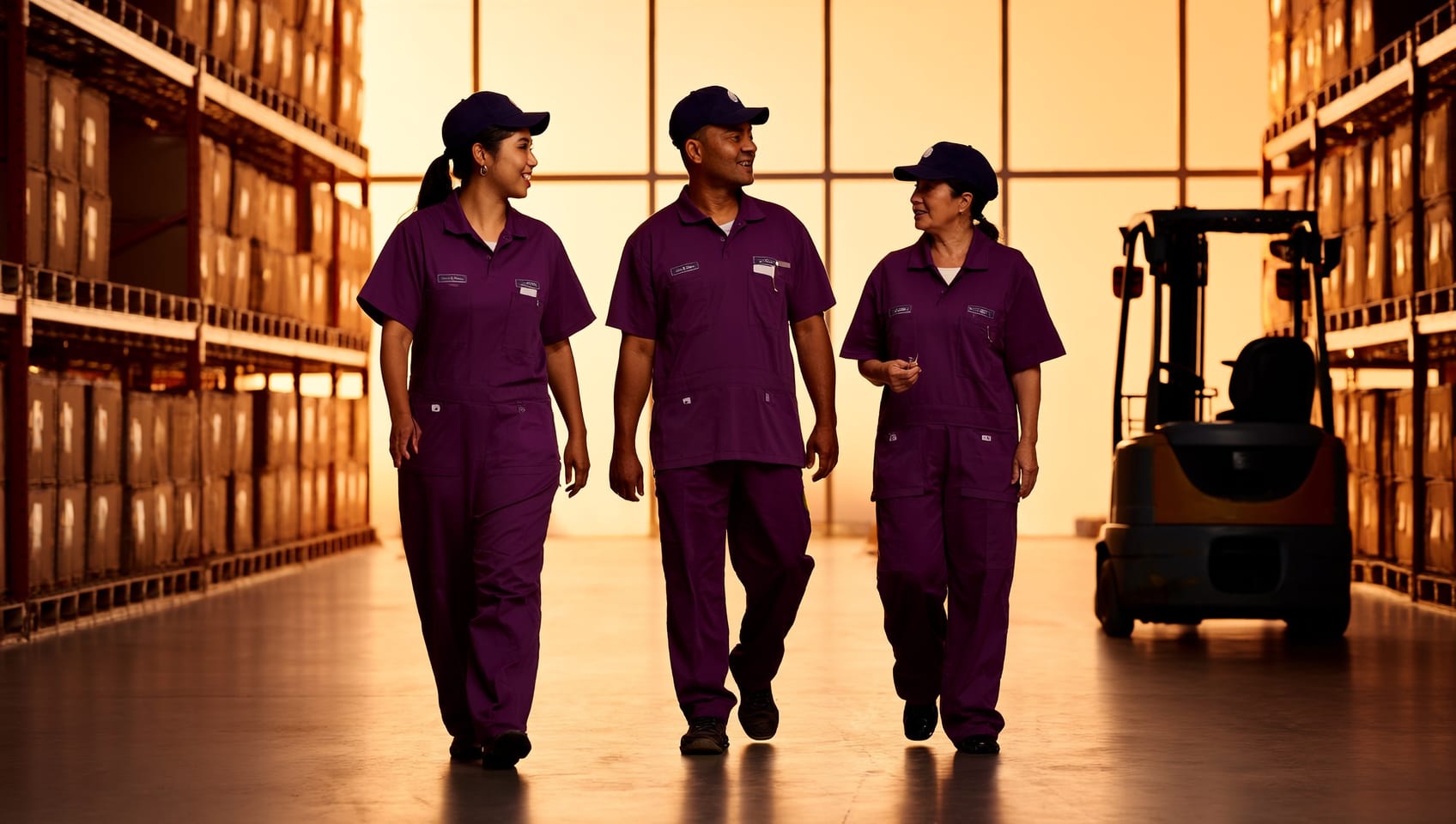 Logistics team walking the floor of a modern distribution warehouse in morning light