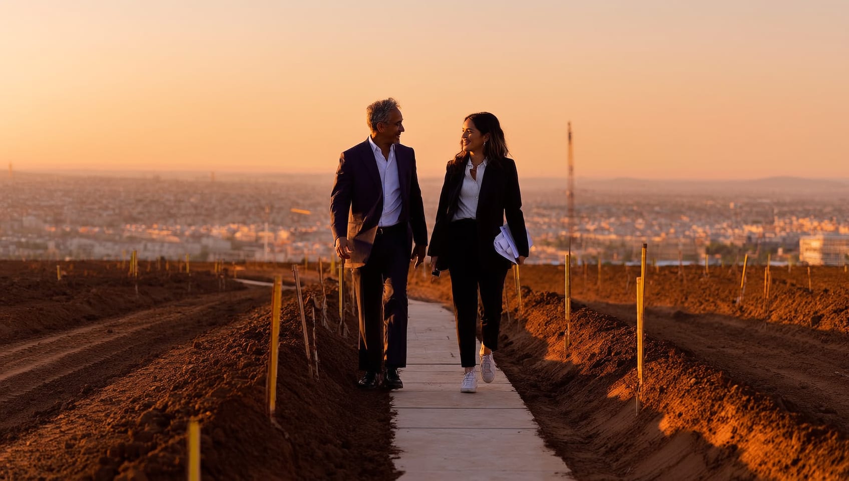 Developer and investor walking a staked development site on the edge of a growing corridor