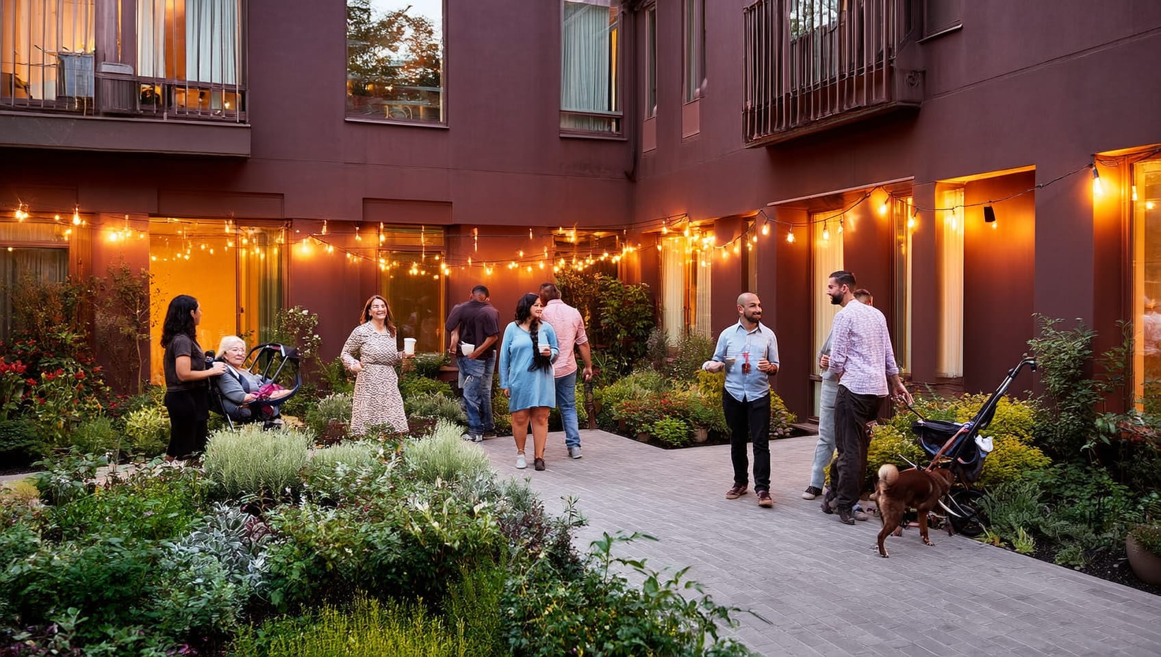 Residents talking in the courtyard of a purpose-built rental community in evening light