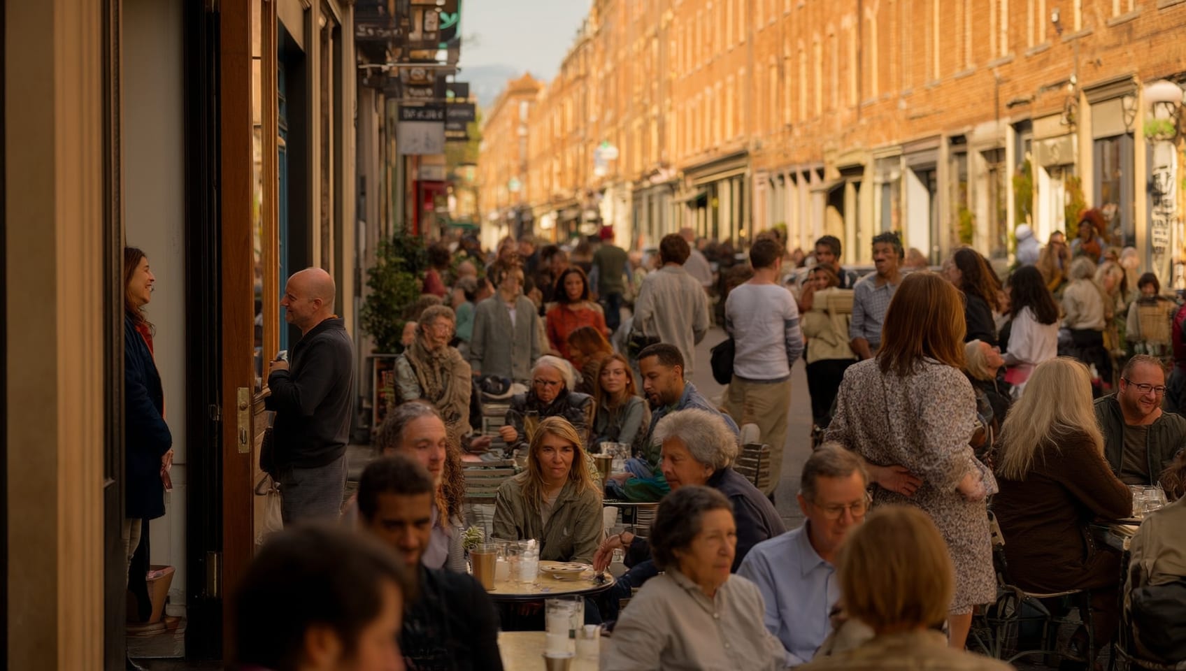 Shoppers and cafe patrons along a lively neighbourhood retail street in the late afternoon